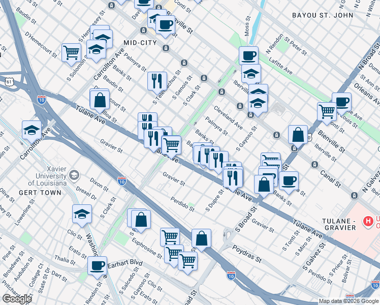 map of restaurants, bars, coffee shops, grocery stores, and more near 504 South Rendon Street in New Orleans