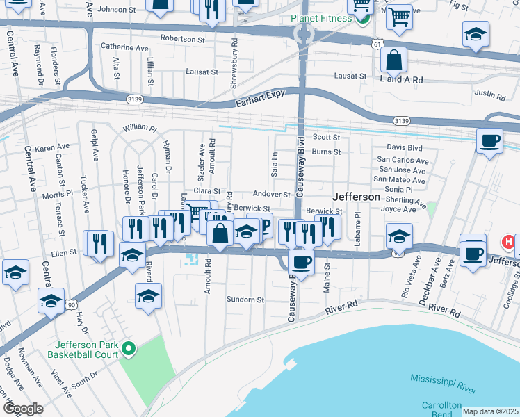 map of restaurants, bars, coffee shops, grocery stores, and more near 3217 Berwick Street in Jefferson