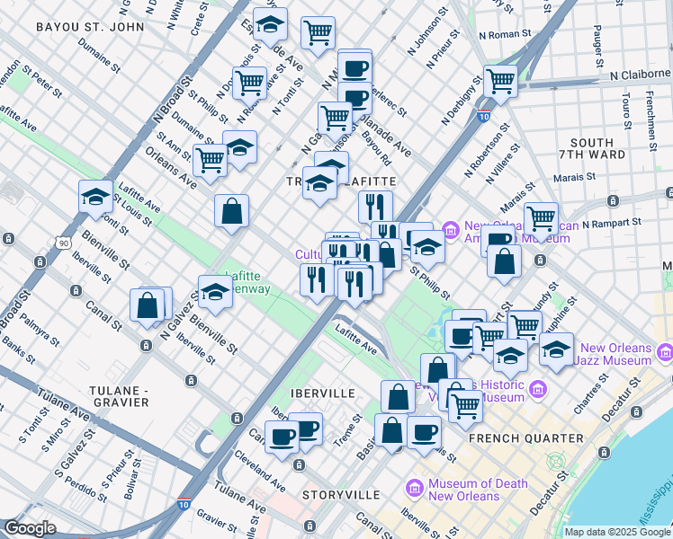 map of restaurants, bars, coffee shops, grocery stores, and more near 1727 Saint Ann Street in New Orleans