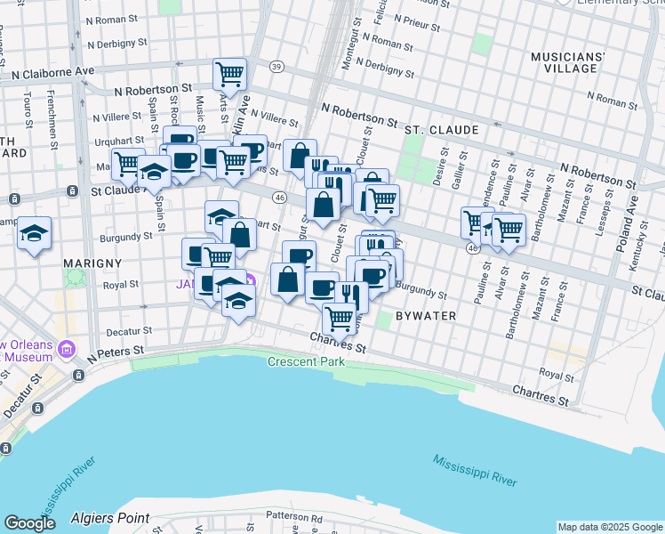 map of restaurants, bars, coffee shops, grocery stores, and more near Burgundy St & Clouet St in New Orleans