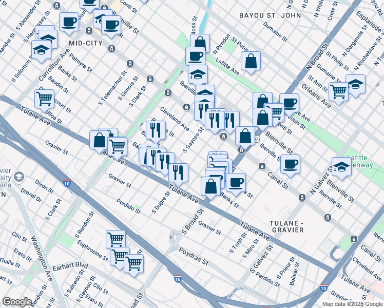 map of restaurants, bars, coffee shops, grocery stores, and more near 2910 Palmyra Street in New Orleans