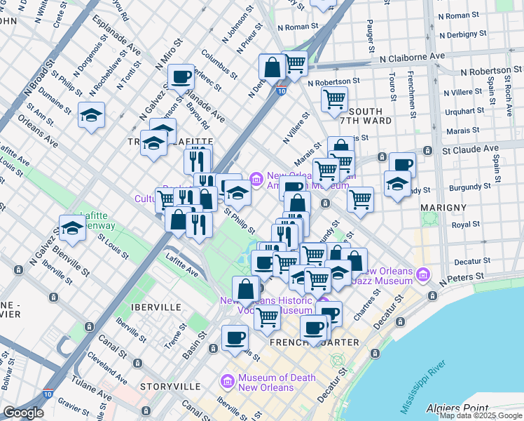 map of restaurants, bars, coffee shops, grocery stores, and more near 1317 Ursulines Avenue in New Orleans