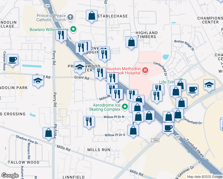 map of restaurants, bars, coffee shops, grocery stores, and more near 18405 State Highway 249 in Houston