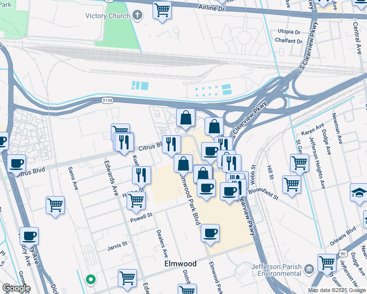 map of restaurants, bars, coffee shops, grocery stores, and more near 1221 Elmwood Park Boulevard in New Orleans