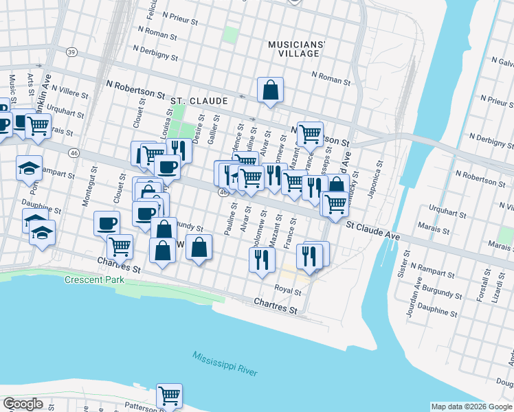 map of restaurants, bars, coffee shops, grocery stores, and more near 3916 Saint Claude Avenue in New Orleans