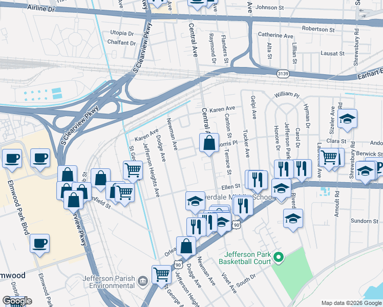 map of restaurants, bars, coffee shops, grocery stores, and more near 757 Brehm Place in Jefferson