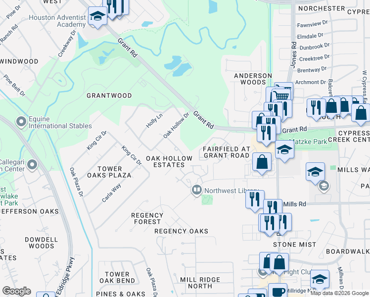 map of restaurants, bars, coffee shops, grocery stores, and more near 10 Oak Hollow Circle in Harris County
