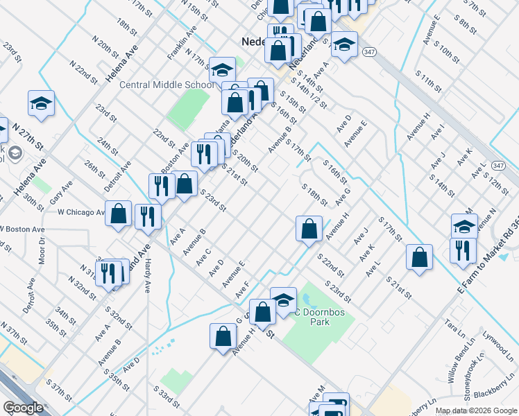 map of restaurants, bars, coffee shops, grocery stores, and more near 2120 Avenue D in Nederland