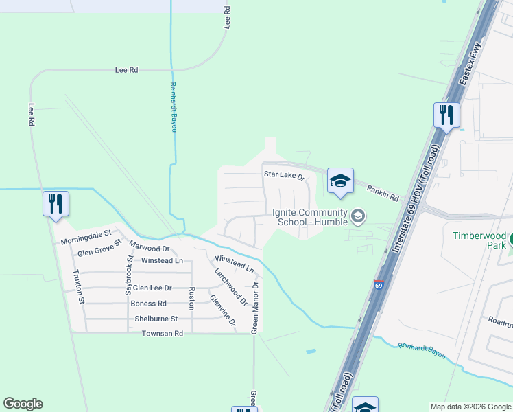 map of restaurants, bars, coffee shops, grocery stores, and more near 16810 Highmore Drive in Humble