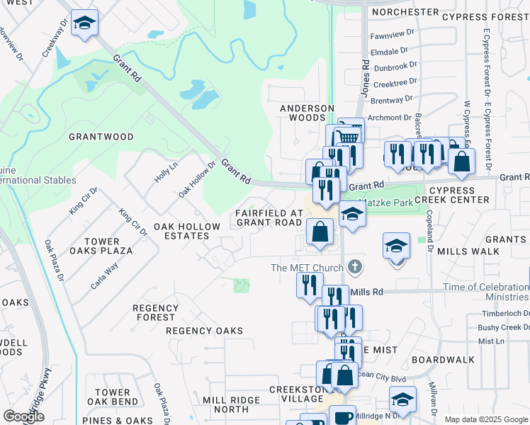map of restaurants, bars, coffee shops, grocery stores, and more near 11111 Grant Road in Cypress