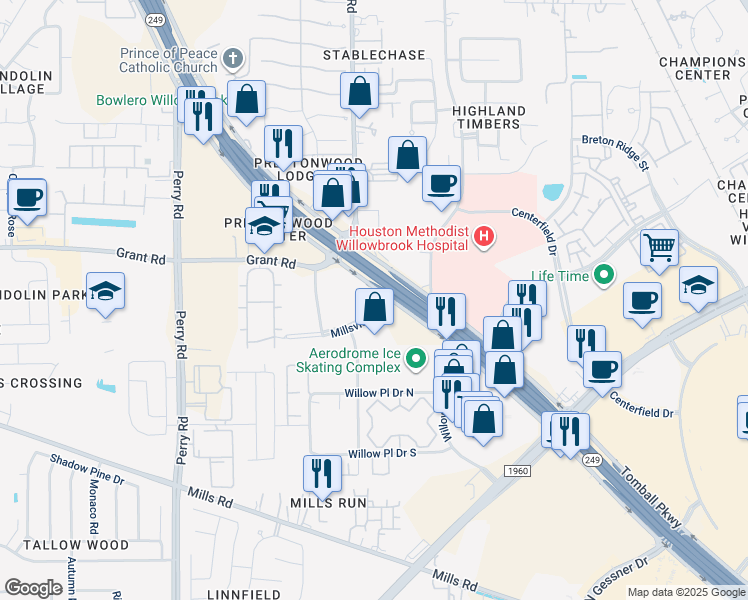 map of restaurants, bars, coffee shops, grocery stores, and more near 18405 Highway 249 in Houston