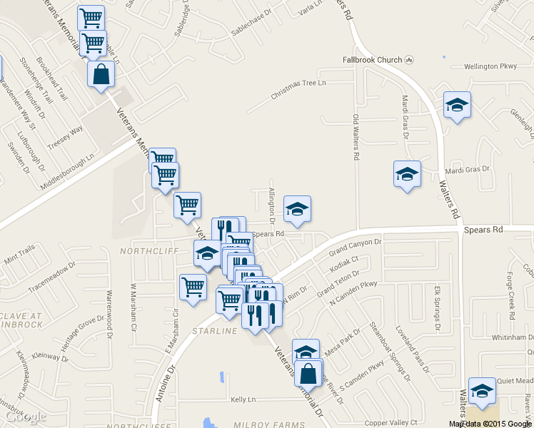 map of restaurants, bars, coffee shops, grocery stores, and more near 12303 Allington Drive in Houston