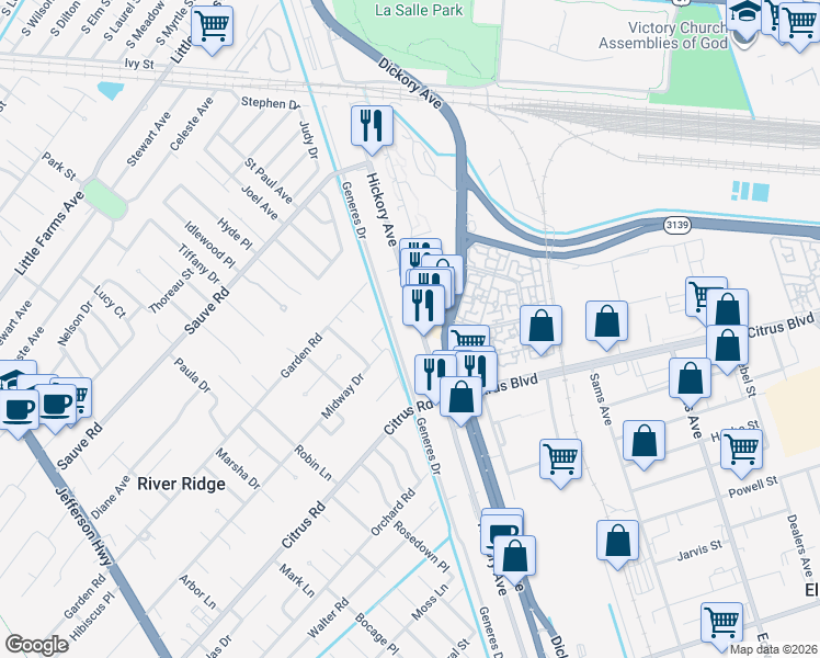 map of restaurants, bars, coffee shops, grocery stores, and more near 1913 Generes Drive in Harahan