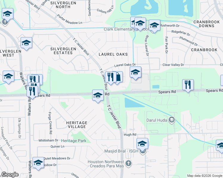 map of restaurants, bars, coffee shops, grocery stores, and more near 2226 Spears Road in Houston