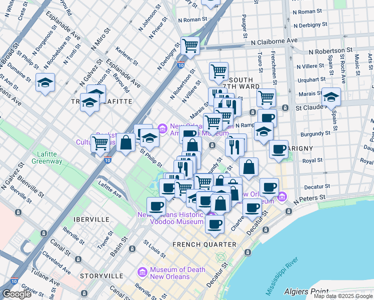 map of restaurants, bars, coffee shops, grocery stores, and more near 1203 Governor Nicholls Street in New Orleans