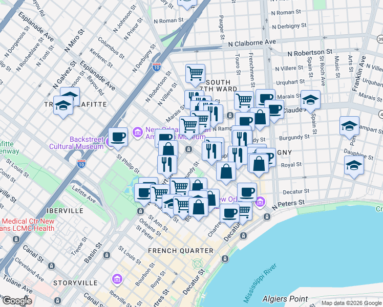 map of restaurants, bars, coffee shops, grocery stores, and more near in New Orleans