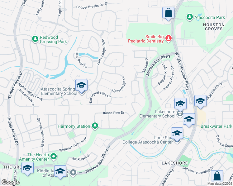 map of restaurants, bars, coffee shops, grocery stores, and more near 17118 Upper Ridge Lane in Atascocita