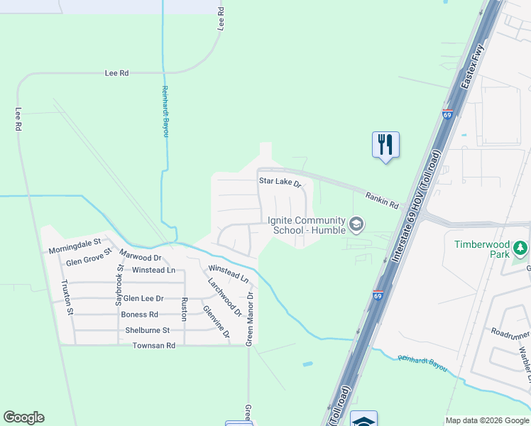 map of restaurants, bars, coffee shops, grocery stores, and more near 16810 Highmore Drive in Humble