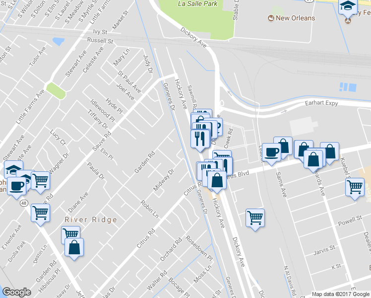 map of restaurants, bars, coffee shops, grocery stores, and more near 1913 Generes Drive in Harahan