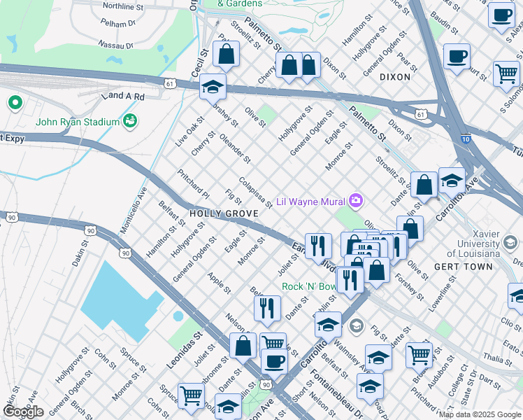 map of restaurants, bars, coffee shops, grocery stores, and more near 3020 Eagle Street in New Orleans