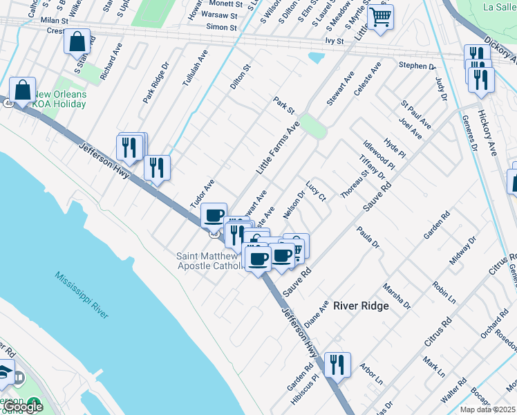 map of restaurants, bars, coffee shops, grocery stores, and more near 205 Stewart Avenue in River Ridge