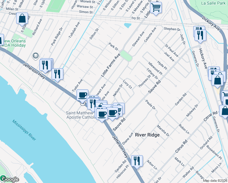 map of restaurants, bars, coffee shops, grocery stores, and more near 220 Nelson Drive in River Ridge