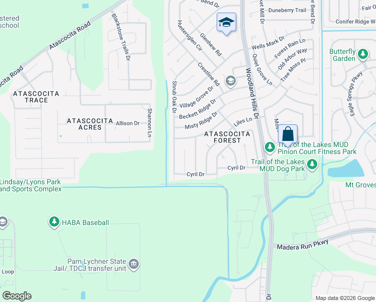 map of restaurants, bars, coffee shops, grocery stores, and more near 16722 Quiet Trail Drive in Humble