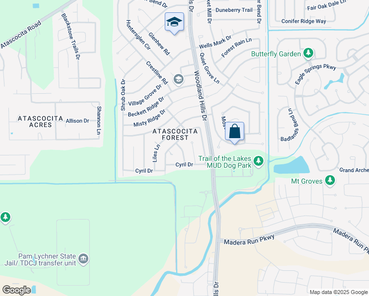 map of restaurants, bars, coffee shops, grocery stores, and more near 16406 Pear Ridge Place in Humble