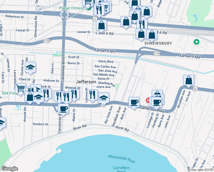 map of restaurants, bars, coffee shops, grocery stores, and more near 17 Joyce Avenue in Jefferson