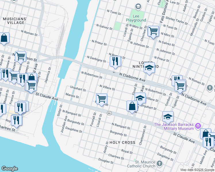 map of restaurants, bars, coffee shops, grocery stores, and more near 1426 Lizardi Street in New Orleans