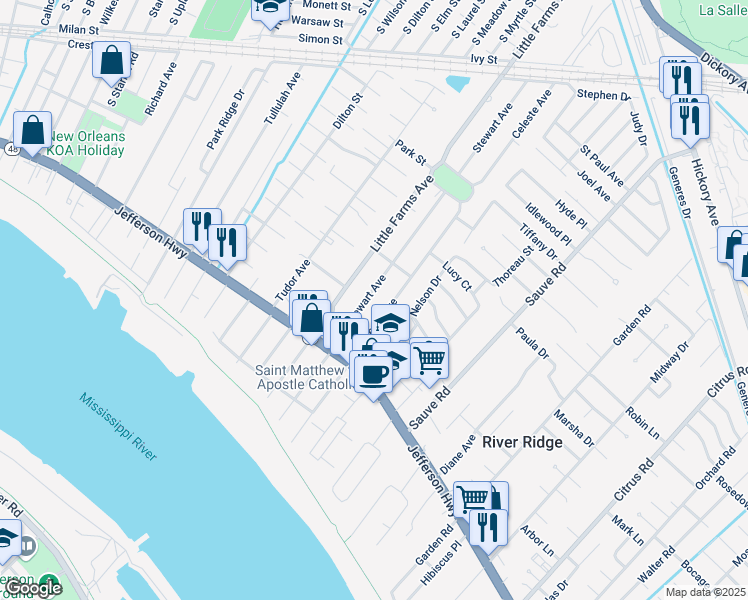 map of restaurants, bars, coffee shops, grocery stores, and more near 205 Stewart Avenue in River Ridge