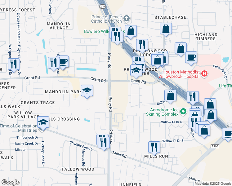 map of restaurants, bars, coffee shops, grocery stores, and more near 13350 Perry Road in Houston
