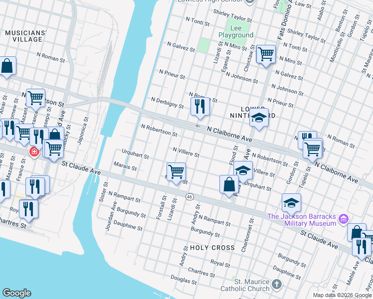 map of restaurants, bars, coffee shops, grocery stores, and more near 1426 Lizardi Street in New Orleans