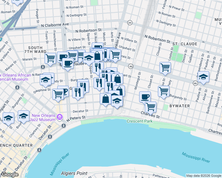 map of restaurants, bars, coffee shops, grocery stores, and more near 731 Franklin Avenue in New Orleans