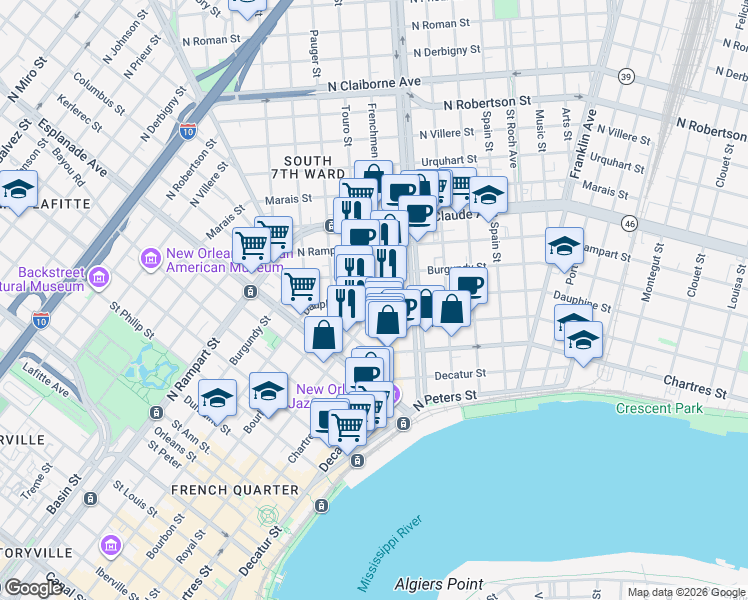 map of restaurants, bars, coffee shops, grocery stores, and more near 2021 Dauphine Street in New Orleans