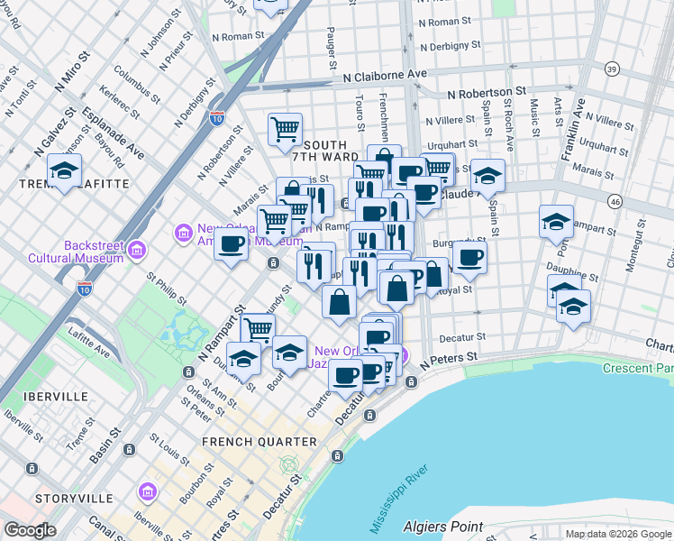 map of restaurants, bars, coffee shops, grocery stores, and more near 1507 Pauger Street in New Orleans