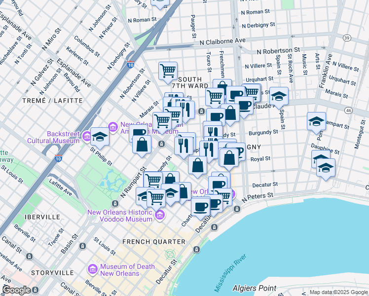 map of restaurants, bars, coffee shops, grocery stores, and more near in New Orleans