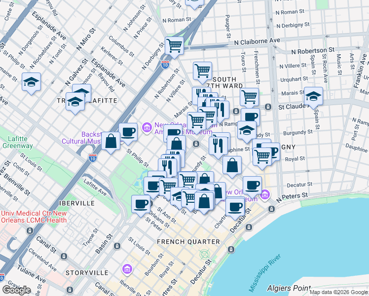 map of restaurants, bars, coffee shops, grocery stores, and more near 1241 North Rampart Street in New Orleans