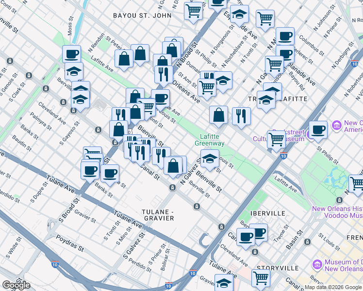 map of restaurants, bars, coffee shops, grocery stores, and more near 2309 Conti Street in New Orleans