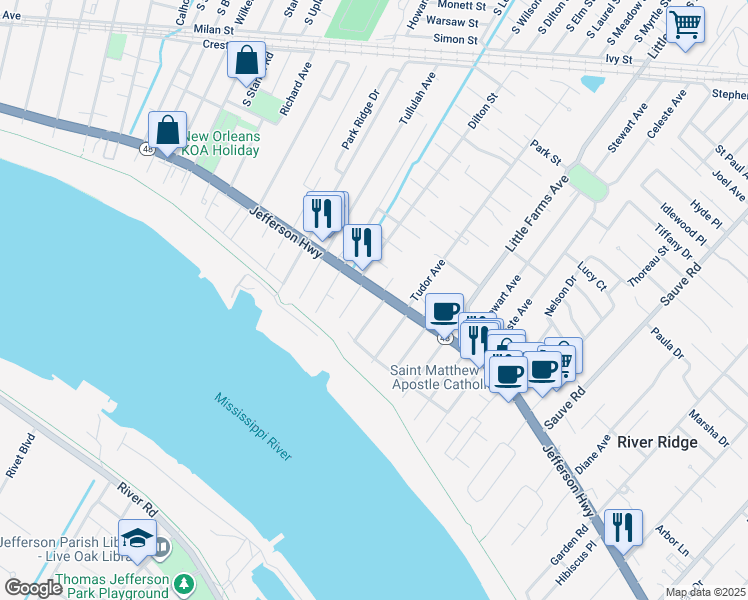 map of restaurants, bars, coffee shops, grocery stores, and more near 10542 Jefferson Highway in River Ridge