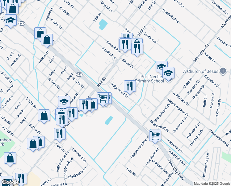 map of restaurants, bars, coffee shops, grocery stores, and more near 885 Ridgewood Drive in Port Neches