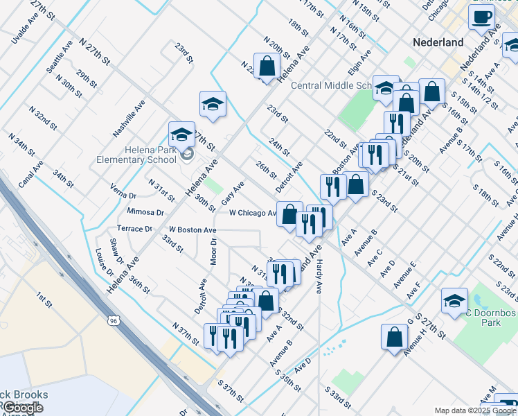 map of restaurants, bars, coffee shops, grocery stores, and more near 508 North 28th Street in Nederland