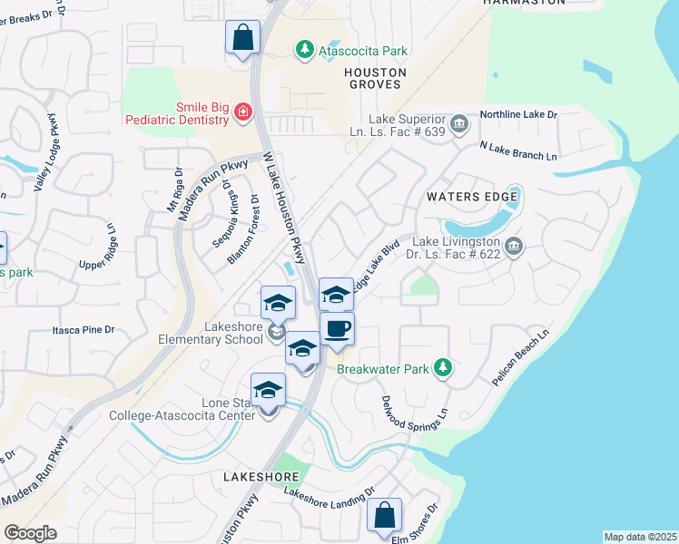 map of restaurants, bars, coffee shops, grocery stores, and more near 13311 Lake Chesdin Road in Houston