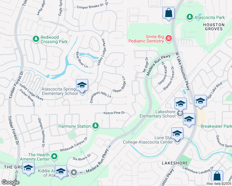 map of restaurants, bars, coffee shops, grocery stores, and more near 17118 Upper Ridge Lane in Atascocita