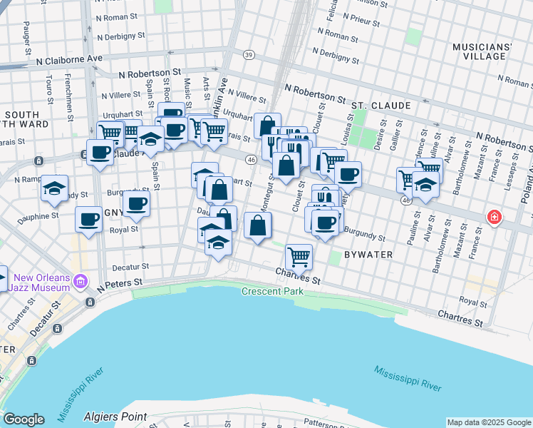 map of restaurants, bars, coffee shops, grocery stores, and more near 831 Montegut Street in New Orleans