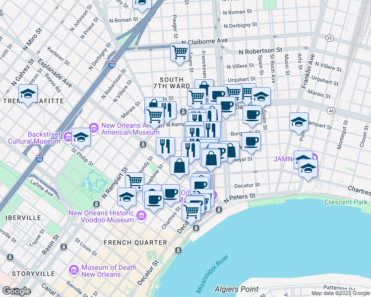 map of restaurants, bars, coffee shops, grocery stores, and more near 1507 Pauger St in New Orleans