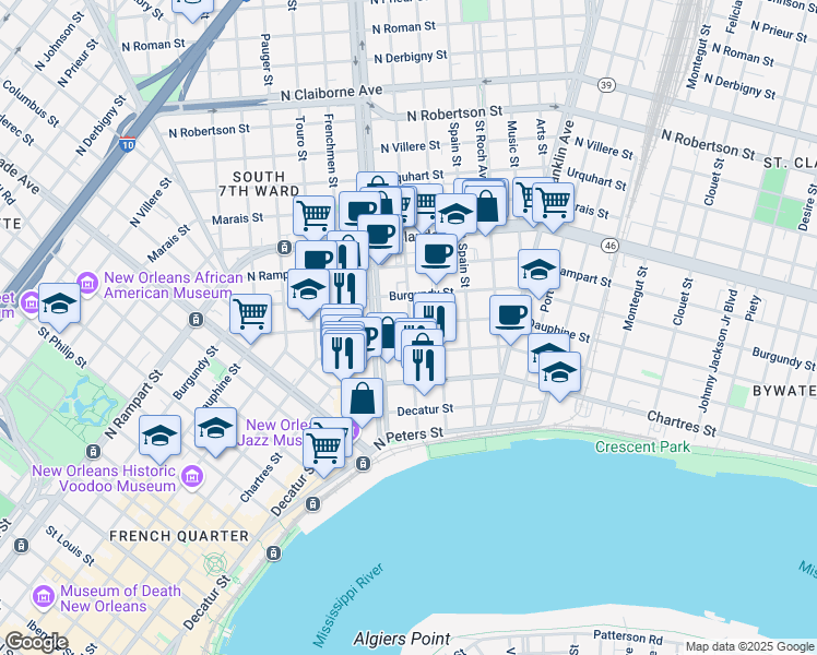map of restaurants, bars, coffee shops, grocery stores, and more near 2284 Dauphine Street in New Orleans