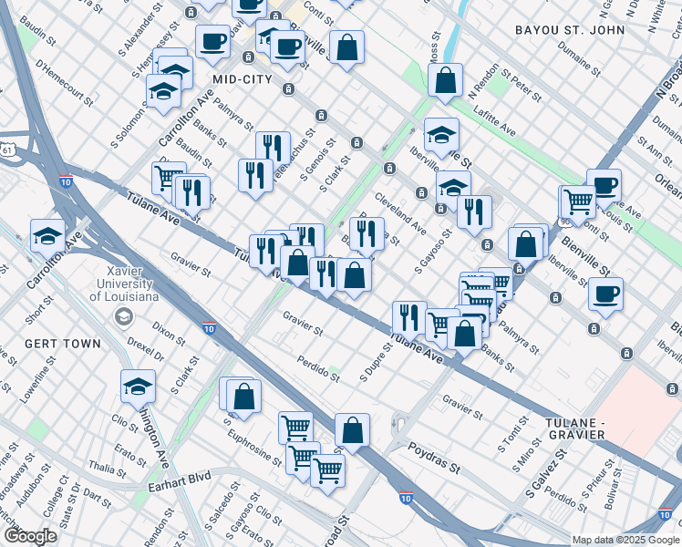 map of restaurants, bars, coffee shops, grocery stores, and more near 504 South Rendon Street in New Orleans