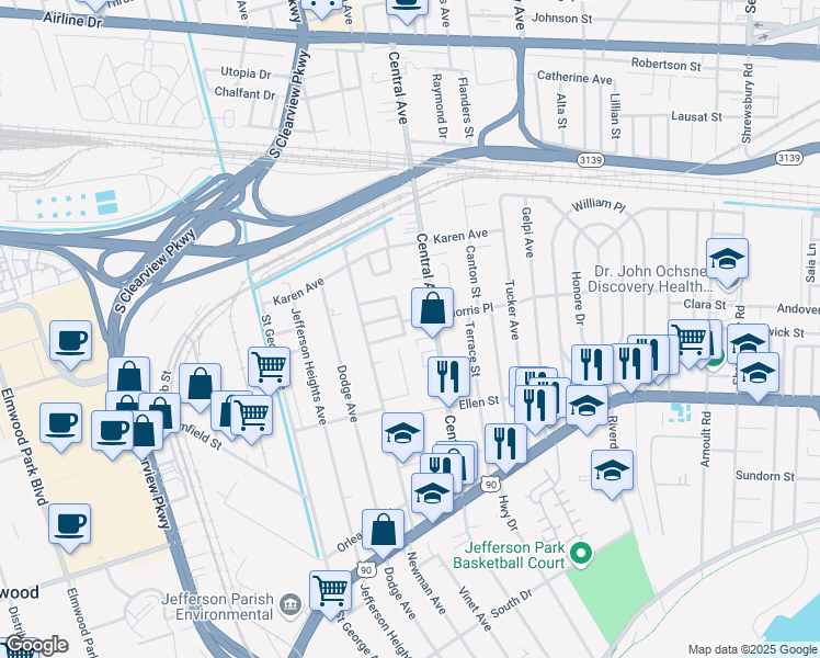 map of restaurants, bars, coffee shops, grocery stores, and more near 757 Brehm Place in Jefferson