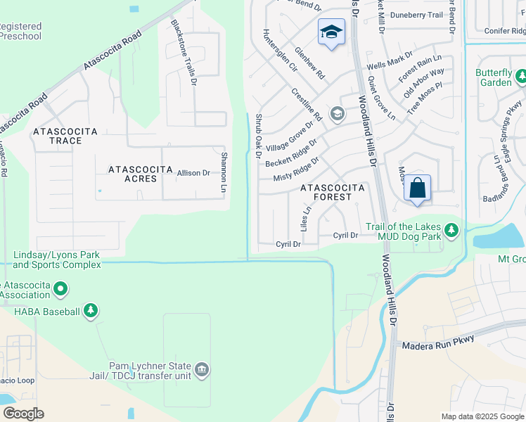 map of restaurants, bars, coffee shops, grocery stores, and more near 16730 Shrub Oak Drive in Humble